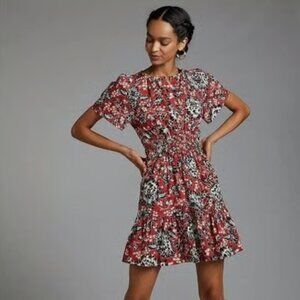Anthropologie The Somerset Mini in Red/Black Floral Cotton Dress, Size Small